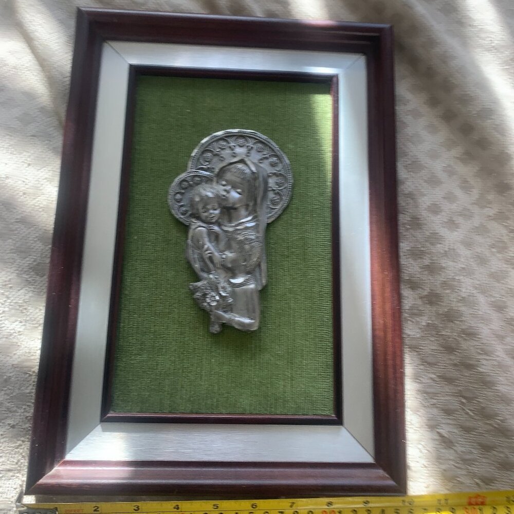 Vintage Italian Hand carved pewter wood framed Holy Family wood wall hanging